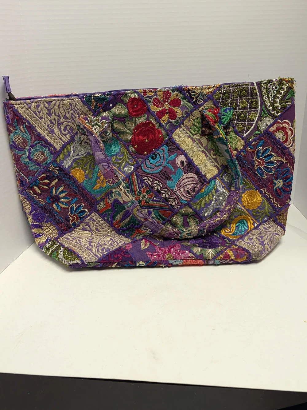 Embroidered Purple Patchwork Tote Bag